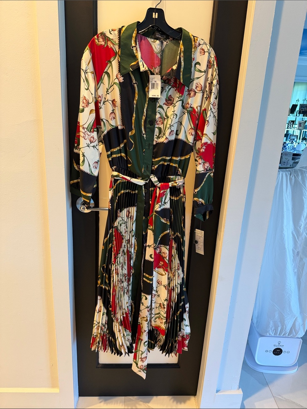 Teri Jon Printed Pleated Long-Sleeve Shirt Dress in Navy, Green, Red & Cream